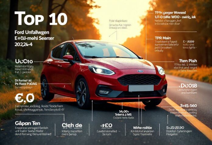 Infografik der Top 10 Ford-Unfallwagen 2024 mit Modellnamen, typischen Schäden, Restwerten und Exportländern.