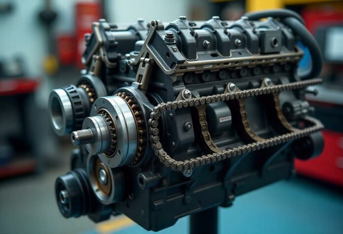 Detailansicht eines BMW-Motors mit geöffneter Steuerkette in einer Werkstatt – zeigt typische Schäden an Kette und Spanner