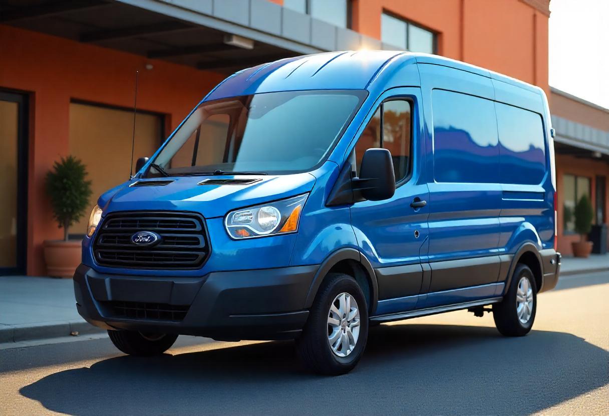 Blauer Ford Transit Transporter auf einem gewerblichen Parkplatz – dreiviertel Frontansicht mit Fokus auf Nutzwert und modernes Design.