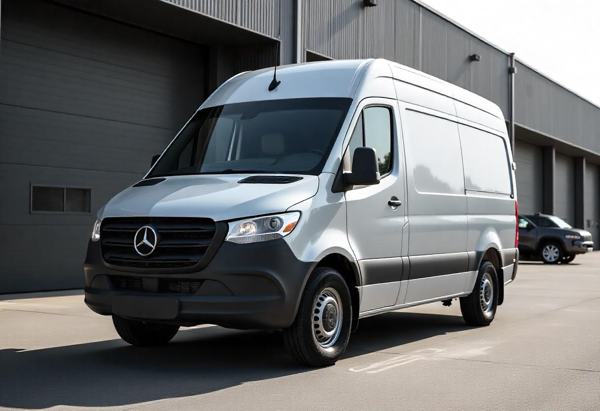 Ansicht eines Mercedes Sprinter Transporters in silberner Lackierung vor moderner Industriehalle – dreiviertel Perspektive mit Fokus auf Design und Technik.