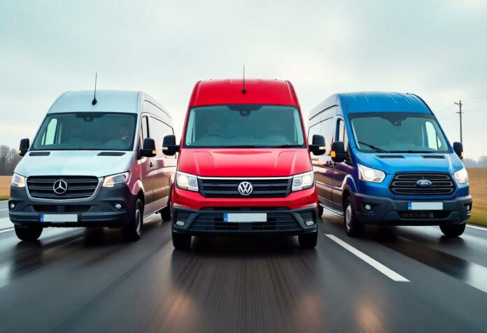 Die drei Top-Transporter 2025 nebeneinander auf der Straße: Mercedes Sprinter, VW Crafter und Ford Transit im direkten Vergleich.