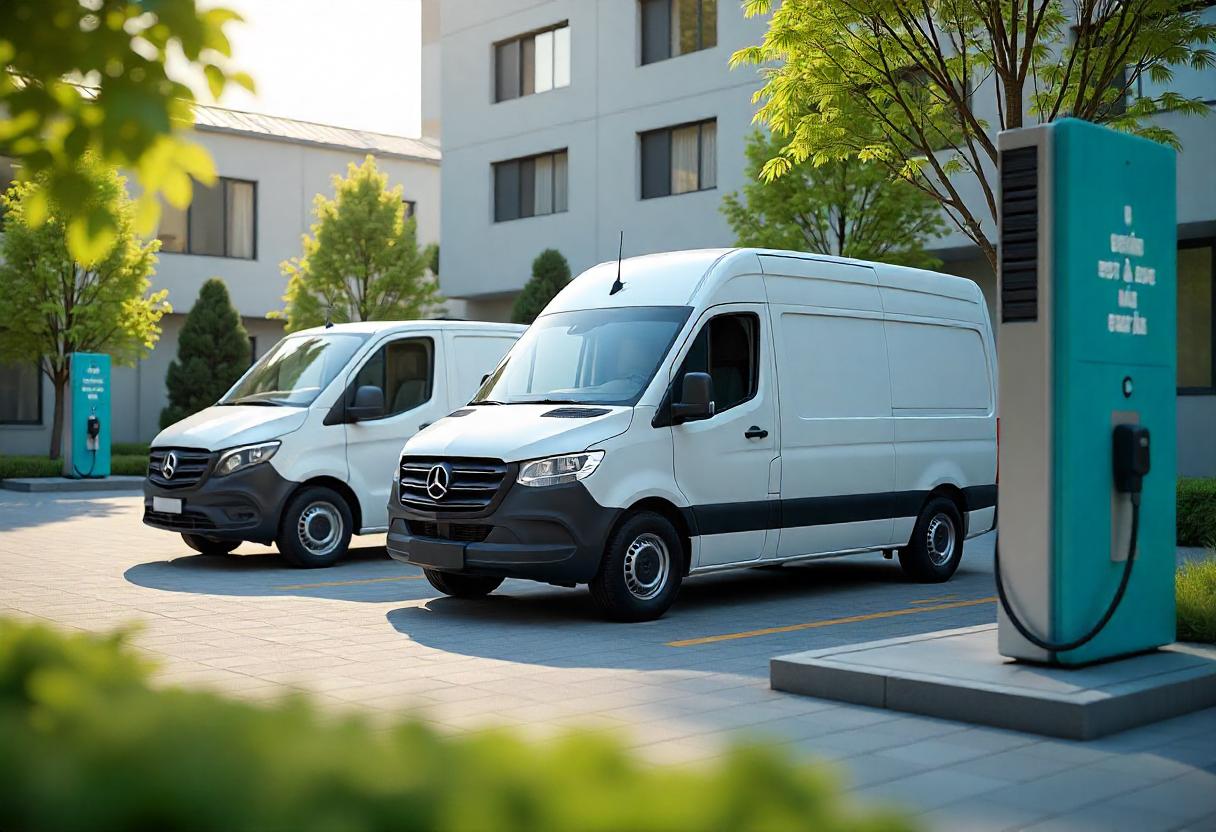 Drei elektrische Transporter – Mercedes eSprinter, VW eCrafter und Ford E-Transit – an modernen Ladestationen in nachhaltiger Stadtkulisse.