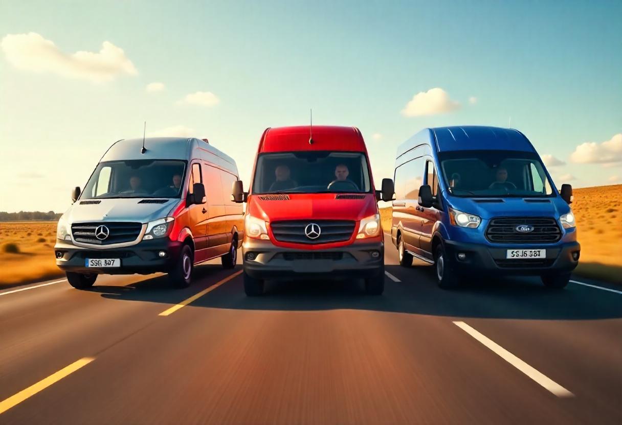 Drei Transporter – Mercedes Sprinter, VW Crafter und Ford Transit – nebeneinander auf offener Straße in Bewegung, sinnbildlich für den Marktvergleich 2025.