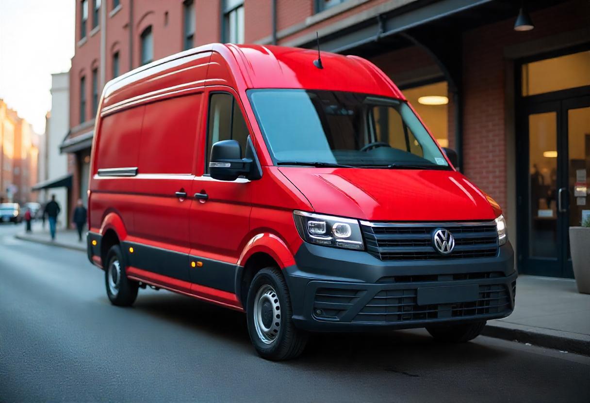 Roter Volkswagen Crafter Transporter in moderner Industrieumgebung – Seitenansicht mit Fokus auf Frontpartie, LED-Leuchten und Karosseriedesign.